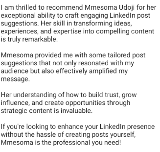 Client testimonial for Mmesoma Udoji