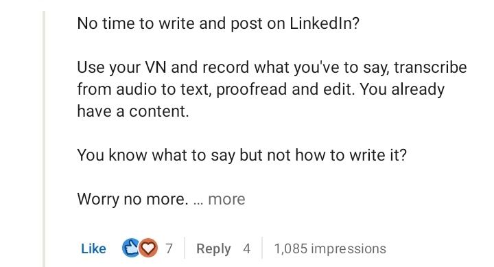 LinkedIn comment — 1,085 impressions